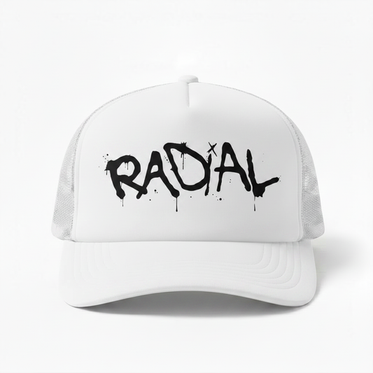 Solid White Radial Trucker Hat - Black Logo